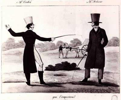Hvem vil vinne? Scene fra duellen mellom M. Cintre og M. Bolivar, ca. 1820 av French School