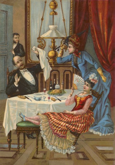 Kone irettesetter mannen sin for å ha underholdt elskerinnen sin til middag (chromolitho) av French School