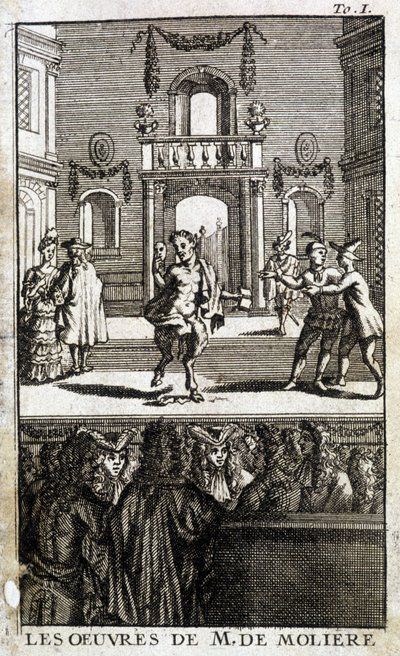 Dyreliv og karakterer på scenen med publikum - i «The Works of M. de Molière»» av French School