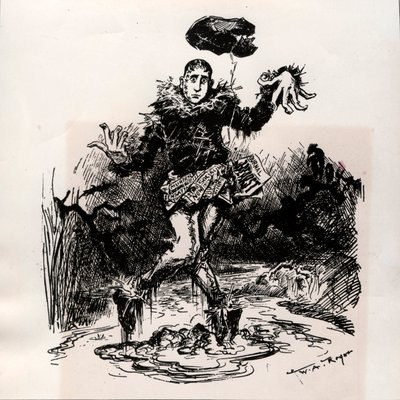 William Hearst, pressejournalist med sensasjon, representert som fugleskremsel i gjørmen - Caricature of Harper's Weekly 1906 (gravering) av French School
