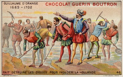 William av Orange ødelegger diker for å tillate flom av Holland (chromolitho) av French School