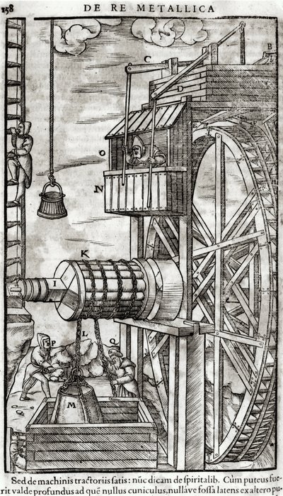 Vinsj for å hente vann fra en gruve, illustrasjon fra De Re Metallica av Georg Bauer (1494-1566) kjent som Agricola, 1561 av French School