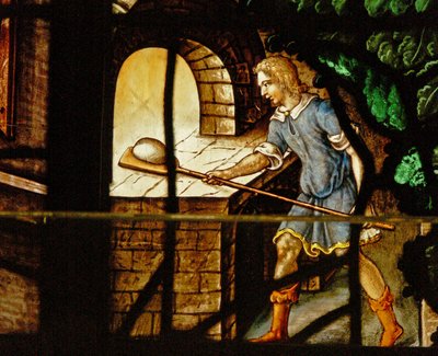 Window Charnier-13 som viser bakerne på jobb og en scene fra Abraham som blir besøkt av 3 engler av French School
