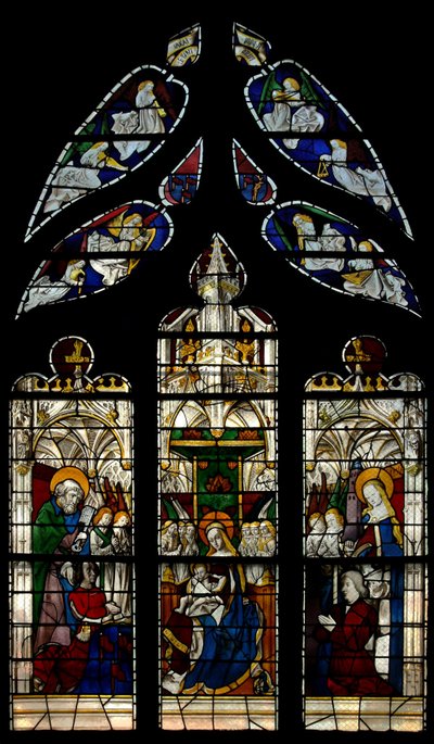 Vindu E3 som viser jomfruen og barnet på tronen: også giverne med deres skytshelgener (St. Peter og St. Barbara) av French School