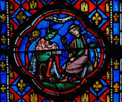 Window Ew-R som viser en scene fra Theophilus-historien: han signerer en pakt med djevelen av French School
