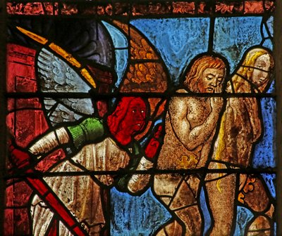 Vindu som viser Adam og Eva som blir utvist fra Eden (farget glass) av French School