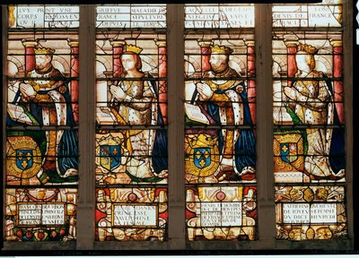 Vindu som viser Francois de Bourbon (1539-92) Prins Dauphin, Rene dAnjou (1550-74) Duchesse de Montpensier, Henri de Bourbon (1573-1608) Duc de Montpensier og Catherine de Joyeuse, Duchesse de Guis av French School