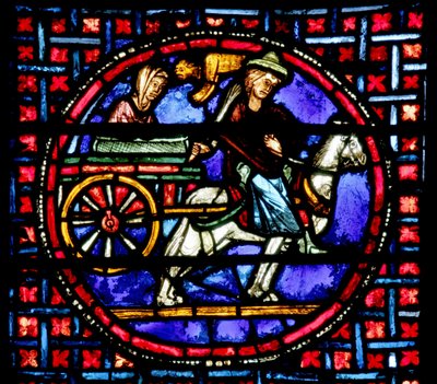 Vindu som viser Julienne som flytter relikviene til St. Stephen til Konstantinopel av French School