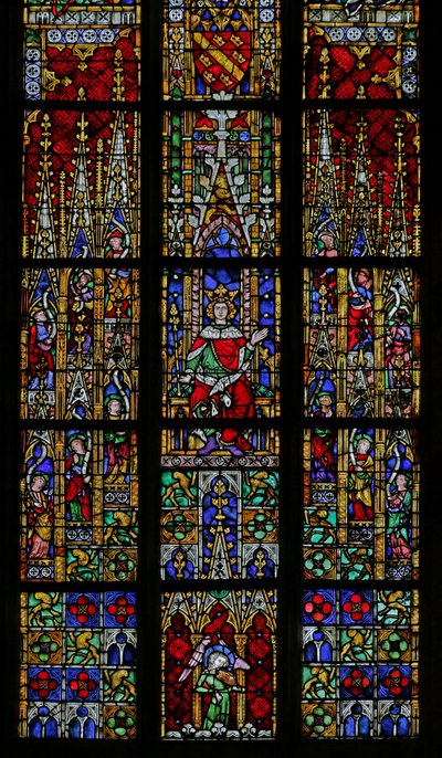 Vindu som viser kong Salomo tronet (farget glass) av French School