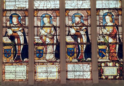 Vindu som viser Louis de Bourbon (1465-1520) Prins av La Roche-sur-Yon, Louise de Bourbon (d.1561) Comtesse de Montpensier, Louis II de Bourbon (1513-82) Duc de Montpensier og Jacquette de Longwy ( av French School