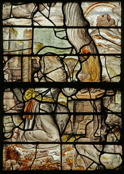 Vindu som viser Noah som bringer et offer, arken på Ararat-fjellet og en regnbue (farget glass) av French School