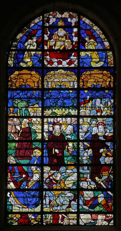 Vindu som viser lidenskapsscener (farget glass) av French School