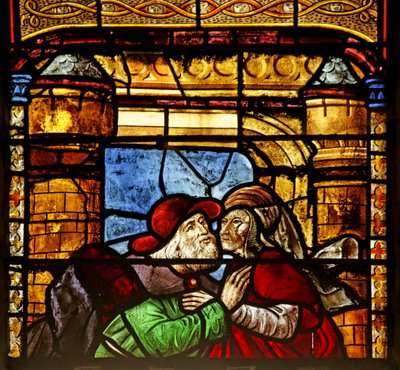 Vindu som viser Saint Anne og Joachim ved Golden Gate (farget glass) av French School