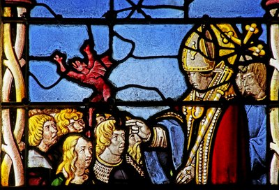 Vindu som viser Saint Cler: utdriver en demon fra Hasterie av French School
