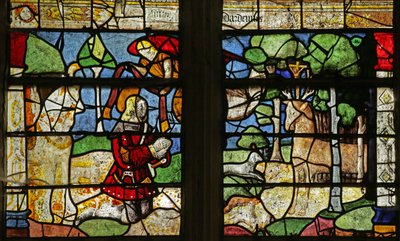 Vindu som viser Saint Hubert and the Stag (farget glass) av French School