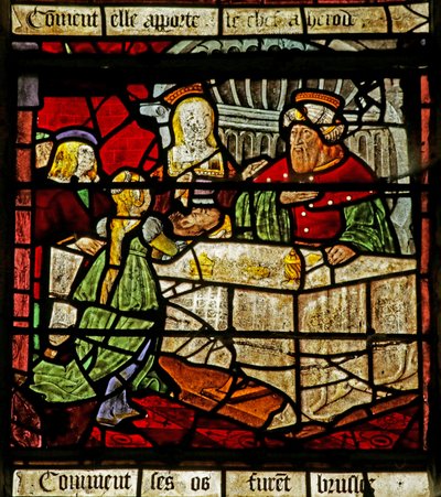 Vindu som viser døperen Johannes og Herodes som mottar hodet hans (farget glass) av French School