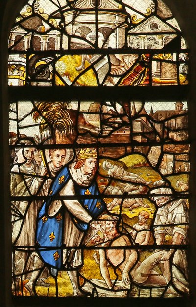 Vindu som viser Saint Louis som begraver de døde (farget glass) av French School