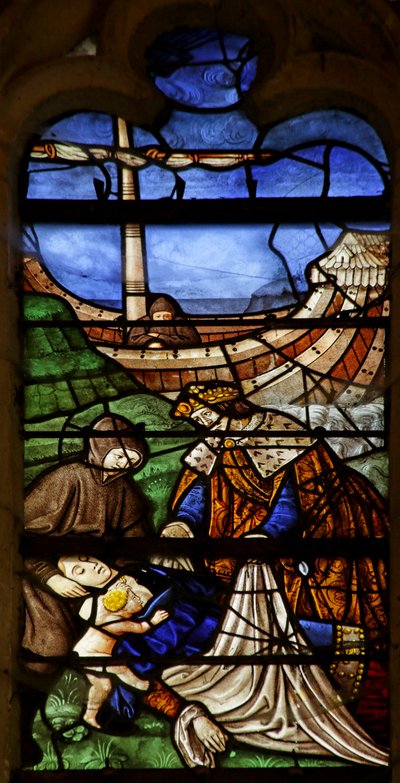 Vindu som viser Saint Mary Magdalene: Grevinne av Provence som dør på pilegrimsreise til Det hellige land (farget glass) av French School