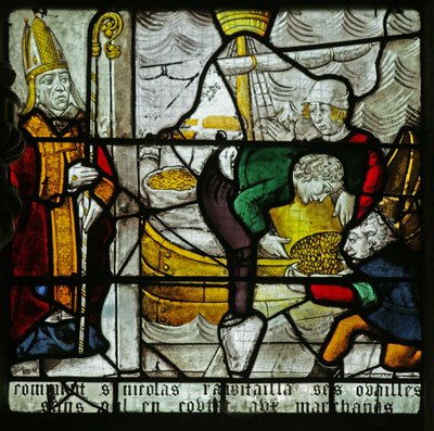 Vindu som viser Saint Nicholas and the Miracle of the Wheat (farget glass) av French School