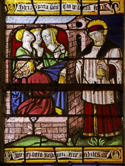 Vindu som viser Saint Nicholas som legger igjen penger til faren til tre jenter for å unngå at de går inn i prostitusjon (glassmaleri) av French School