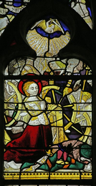 Vindu som viser St Catherine som ber og engler som bryter hjulet ved å kaste steiner, 1460-70 av French School