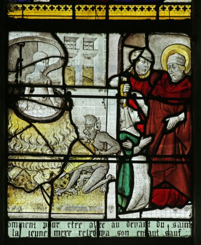 Vindu som viser St. Nicholas redde et barn fra å bli kokt levende, 1460-70 av French School