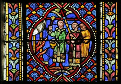 Vindu som viser en scene fra livet til Saint Artheme: En brann i byen Clermont nødvendiggjør bevegelsen av Saints Relics. En prosesjon bærer relikvieskrinet og ankommer bålet og b av French School