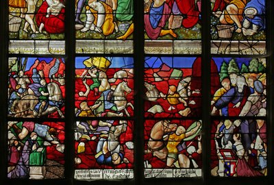 Vindu som viser israelittene krysser Rødehavet og Faraos hær drukner (farget glass) av French School