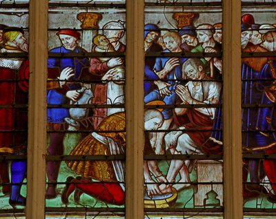 Vindu som viser de fromme og veldedige handlingene til Saint Louis som gjennomgår flagellering (farget glass) av French School