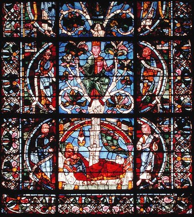 Vindu som viser Jesse-treet, detalj av den nedre halvdelen (farget glass) av French School
