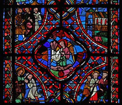 Vindu som viser den andre delen av St James-vinduet, w5: i midten er pasjonsspikerne; Filetus er omvendt; Hermogenes med St James; en kirke; St James med 2 menn nn (beiset g av French School