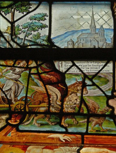 Vindu i Charnier (w.11) som viser en detalj fra Mystic Wine Press av French School