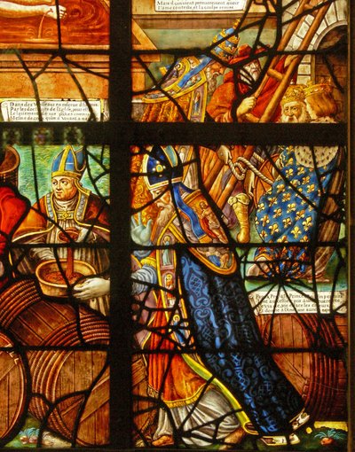 Vindu i Charnier (w.11) som viser en detalj fra Mystic Wine Press av French School