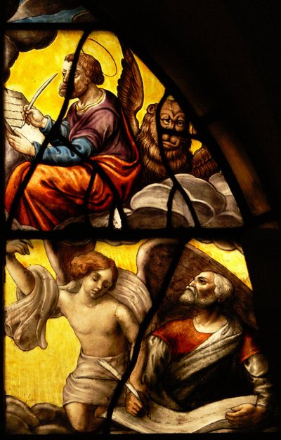 Vindu i Charnier (w.2) som viser en detalj fra Vertens mirakel: Markus og Matteus av French School