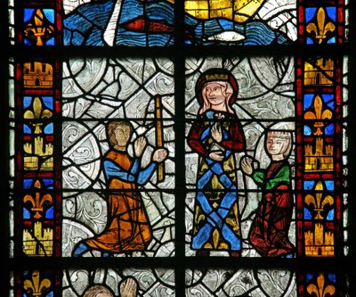Vindu n1 som viser Saint Radegonde: En kur ved helgengraven; av gikt? (Sannsynligvis ikke den tradisjonelle Godas-kuren) av French School