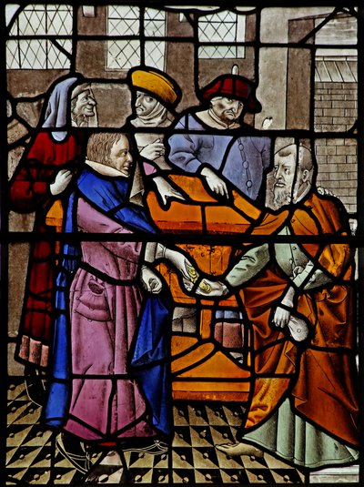 Vindu s3 som viser Judas mottar de 30 sølvstykkene av French School