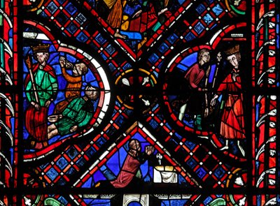Vindu w03 som viser scener fra legenden om St John, inkludert helgenen og den forgiftede koppen av French School