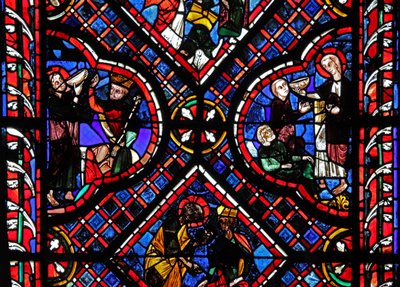 Vindu w03 som viser scener fra legenden om St John: helgenen og den forgiftede koppen av French School