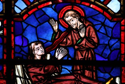 Vindu w04 som viser en hellig munk vises for St. Martin av French School