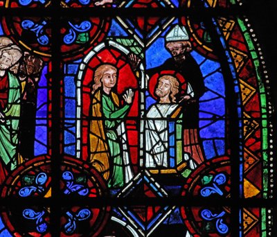 Vindu w06 som viser en pilegrim foran relikvien til St. Julien av Brioude av French School