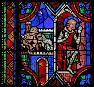 Vindu w06 som viser historien om St. Julian av Brioude - St. Ferreol, en venn av Julien, som døde under Diokletian-forfølgelsene, rømmer av French School