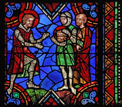 Vindu w06 som viser historien om St. Julian av Brioude - St. Ferreol, en venn av Julien, som døde under Diokletian-forfølgelsene, mottar hodet til Brioudes etter henrettelse av French School