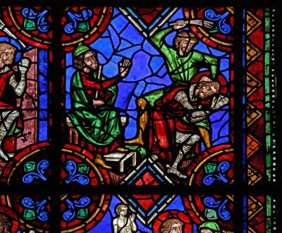 Vindu w06 som viser historien om St. Julian av Brioude - St. Ferreol, en venn av Julien, som døde under Diokletian-forfølgelsene, blir tatt til fange og slått av French School