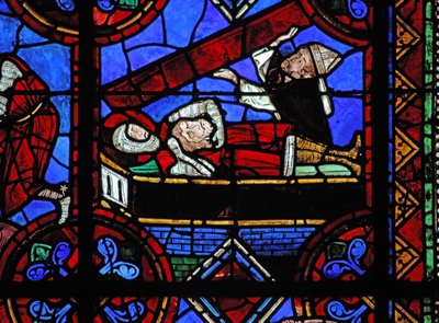Vindu w06 som viser historien om St. Julian av Brioude - døden til St. Ferreol, en venn av Julien, som døde under Diokletian-forfølgelsene; St Ferreol er gravlagt med St Brioudes hode. De er oppdage av French School