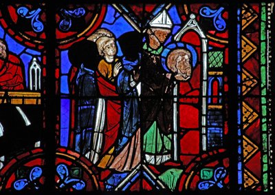 Vindu w06 som viser historien om St. Julian av Brioude - døden til St. Ferreol, en venn av Julien, som døde under Diokletian-forfølgelsene; hans relikvier blir overført av French School