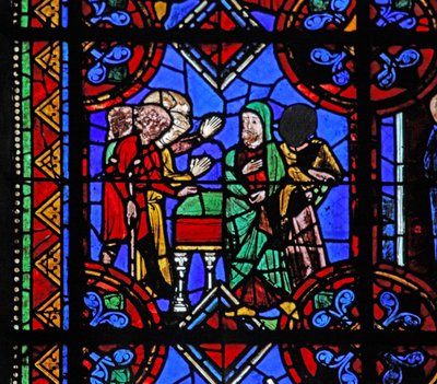 Vindu w06 som viser pilegrimer som kommer til St Brioudes grav av French School