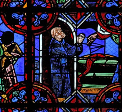 Vindu w06 som viser miraklet med den fulle vintønnen ved stiftelsen av St Juliens kloster av French School