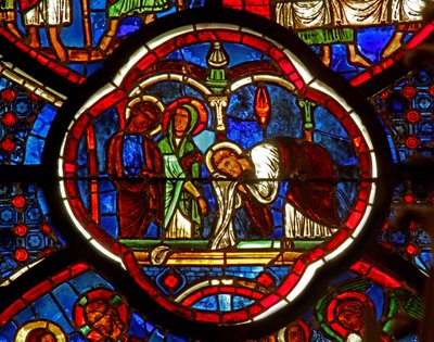 Vindu w0 som viser St Peter, St James og St John ved oppstandelsens grav av French School