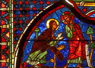Vindu w0 som viser en oppstandelsesscene: utseendet til Maria Magdalena av French School