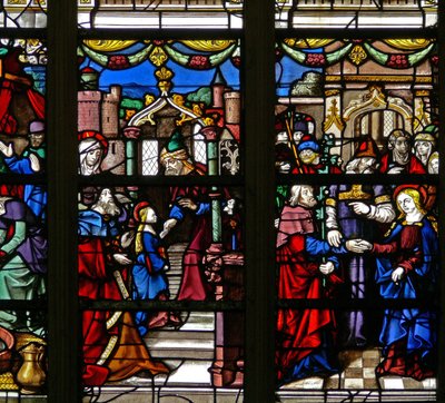 Vindu w105 som viser Jomfru Maria - hennes ekteskap; tempelet; av French School